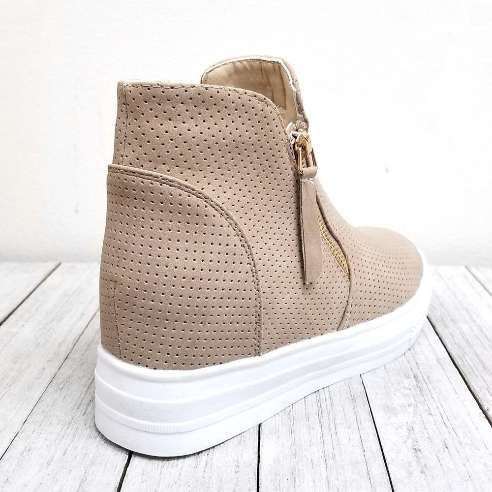 New Beige Perforated Wedge Platform Sneakers - Picture 3 of 3